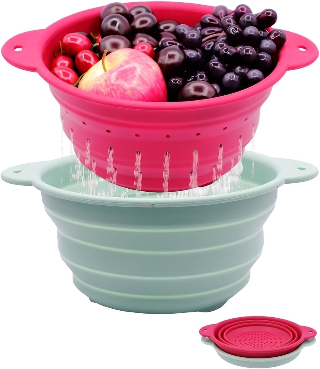 OEM Collapsible Silicone Colander Bowl Set BPA Free Heat Resistant Stainless Steel Nesting Portable Strainer Drain for Pasta Vegetables Fruits Kitchen Camping Hiking Factory