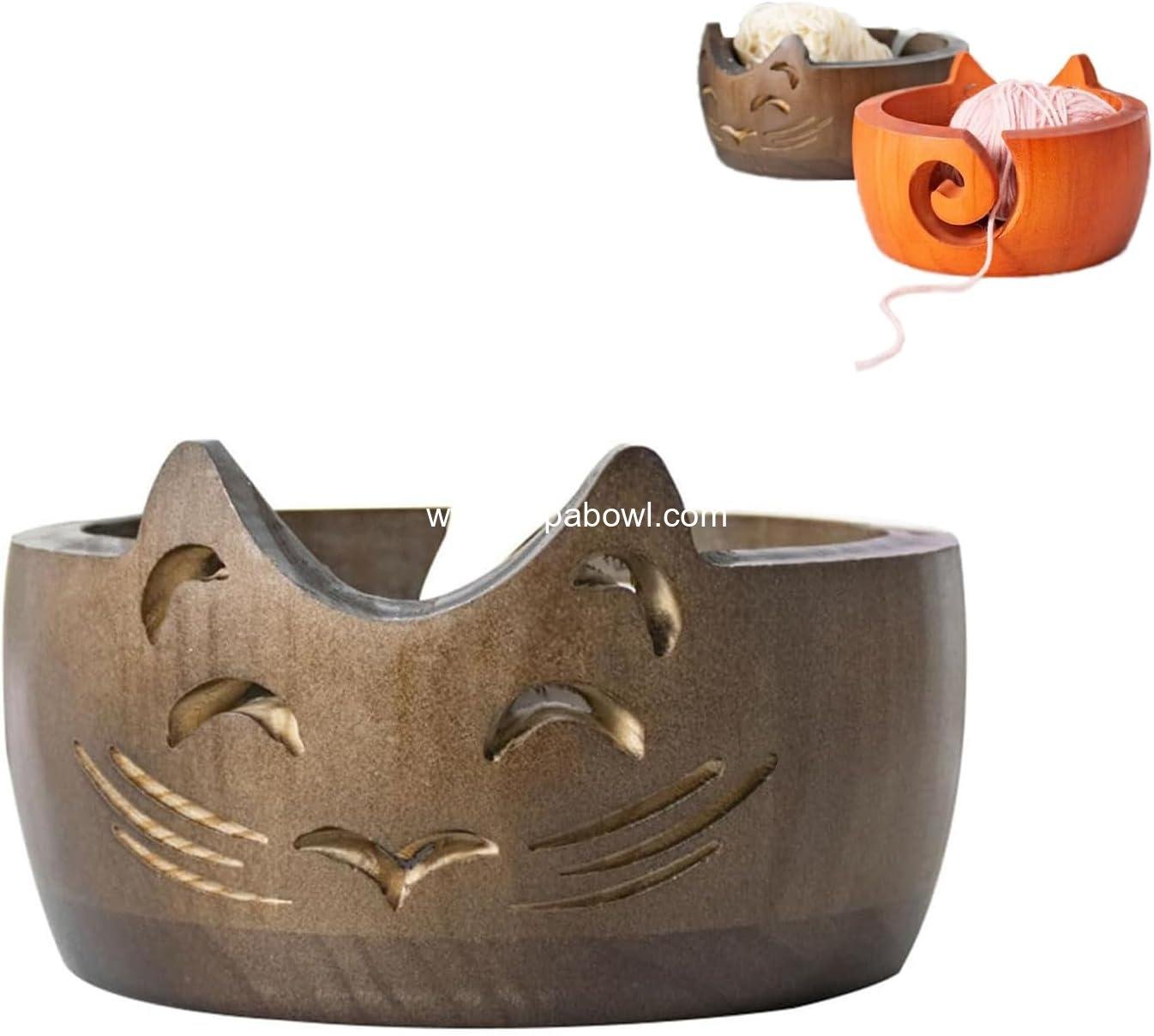 OEM Cute Cat Wooden Yarn Bowl with Carved Holes for Knitting Crocheting Storage Brown Factory OEM Cute Cat Wooden Yarn Bowl with Carved Holes for Knitting Crocheting Storage Brown Factory