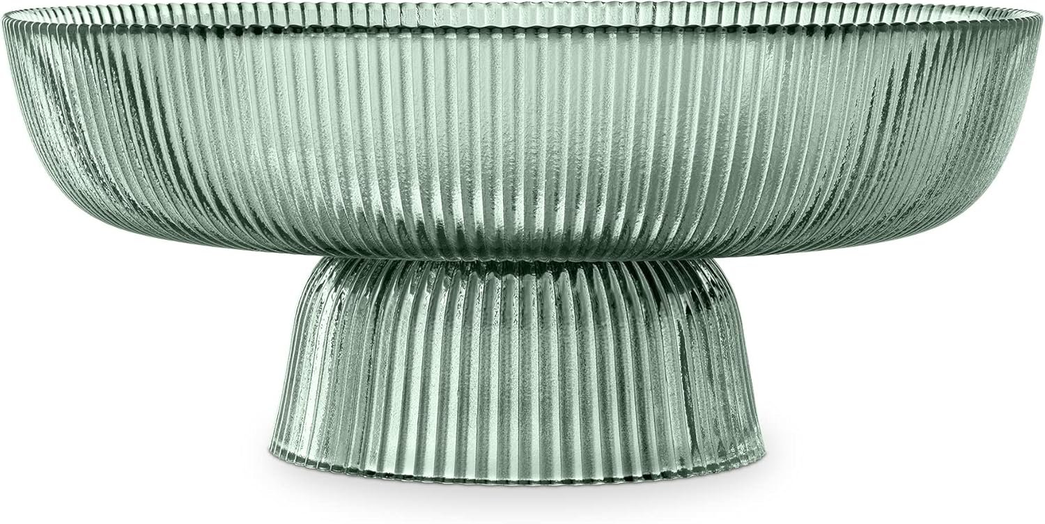 OEM Decorative Fluted Glass Fruit Bowl 10.2 Inch Diameter Green Tinted Table Centerpiece for Snacks Candy Factory