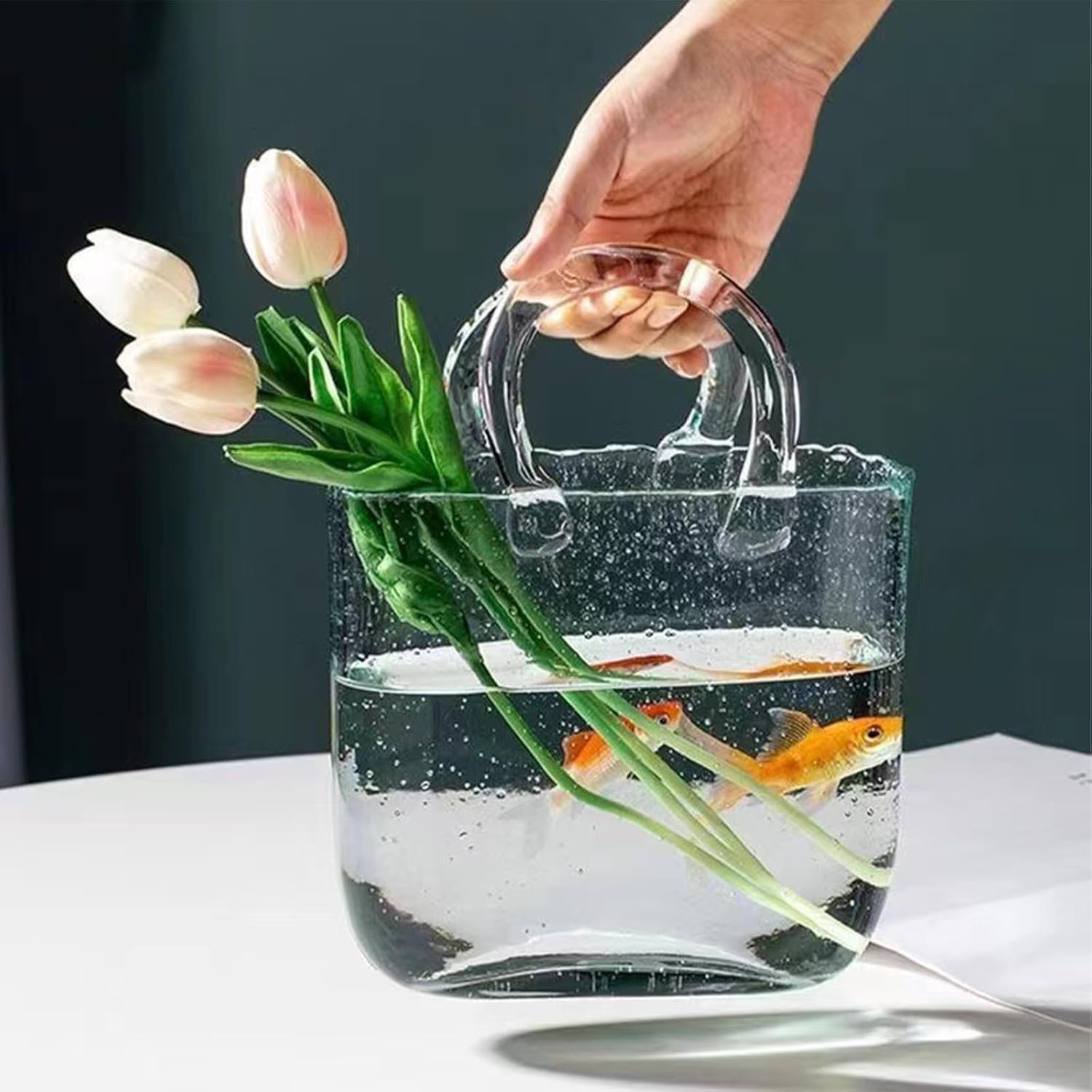 OEM Elegant Glass Purse Vase with Handle Bubbles and Fish Bowl for Home Office Garden Wedding Centerpiece Events Manufacturer OEM Elegant Glass Purse Vase with Handle Bubbles and Fish Bowl for Home Office Garden Wedding Centerpiece Events Manufacturer