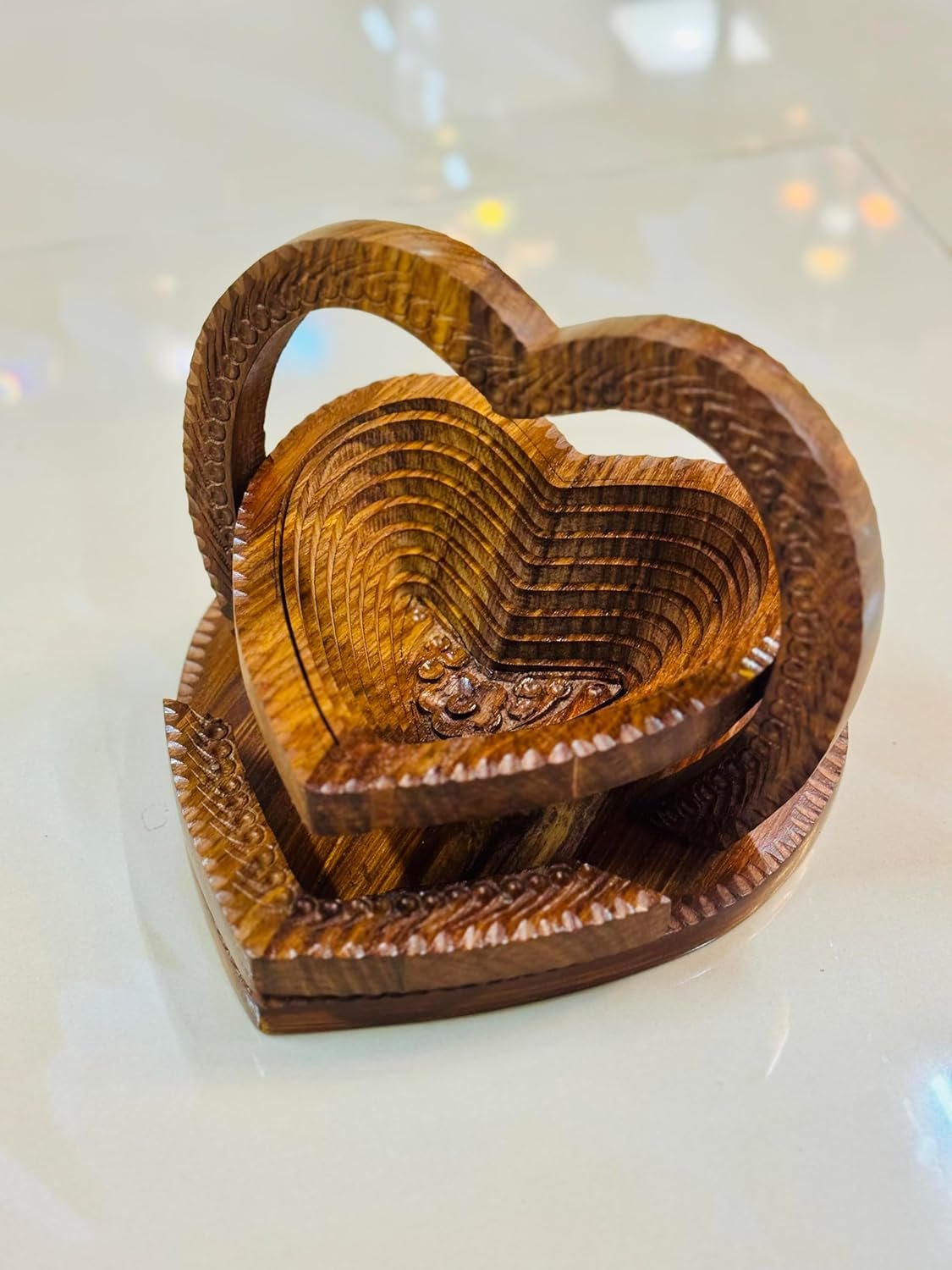 OEM Handmade 8-Inch Collapsible Rosewood Basket with Single Heart Design, Fruit Bowl Trivet and Bread Holder, Folds Flat for Storage, Unique Centerpiece Gift Factory