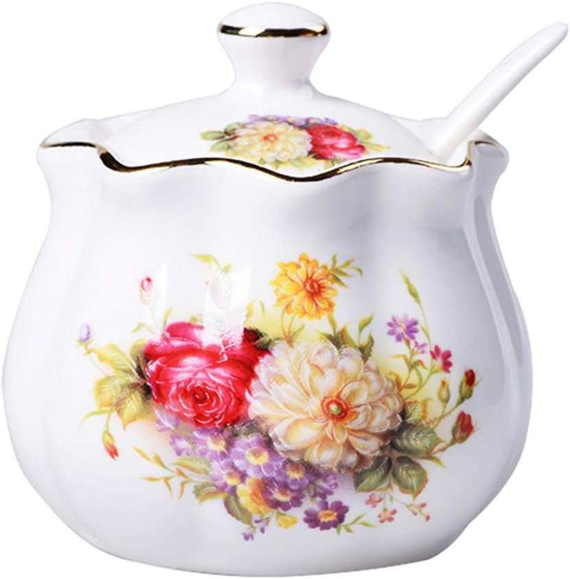 OEM Retro Ceramic Flower Sugar Bowl Spice Jar with Lid Spoon Factory