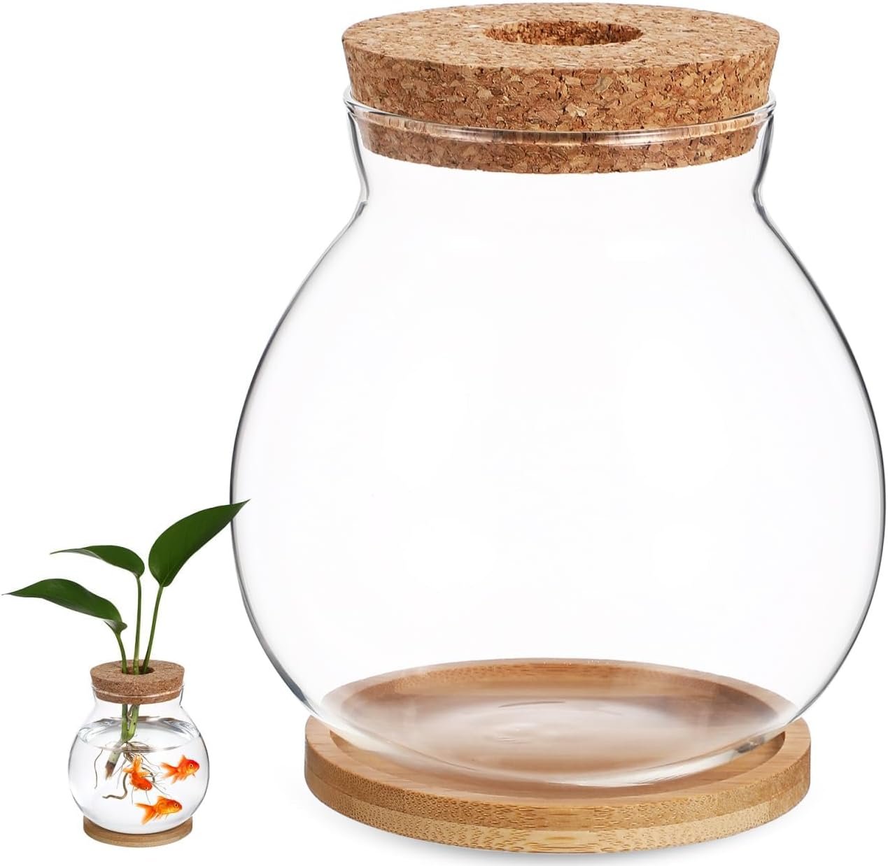 OEM Small Round Desktop Glass Fish Bowl Tank with Wood Stopper Bamboo Mat for Betta Succulents Hydroponic Air Plants 5.1x5.5in Factory