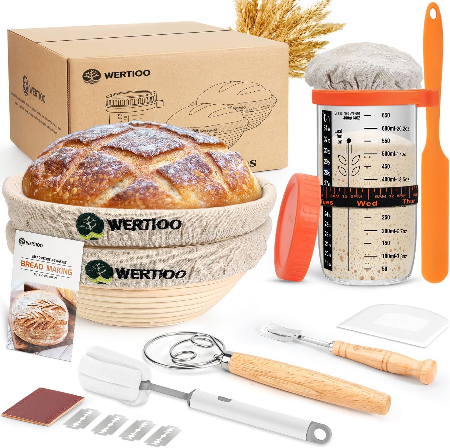 OEM Sourdough Starter Kit with 2 x 9-Inch Round Banneton Proofing Baskets 24-Oz Glass Jar Danish Dough Whisk Scraper Baking Tools Factory