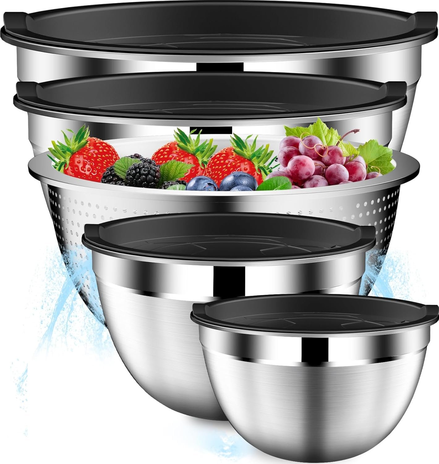 OEM Stainless Steel Mixing Bowls Set with Lids Colander and Strainer 4.5QT 2.5QT 2QT 1.5QT Black Kitchen Gadgets Christmas Gift Factory