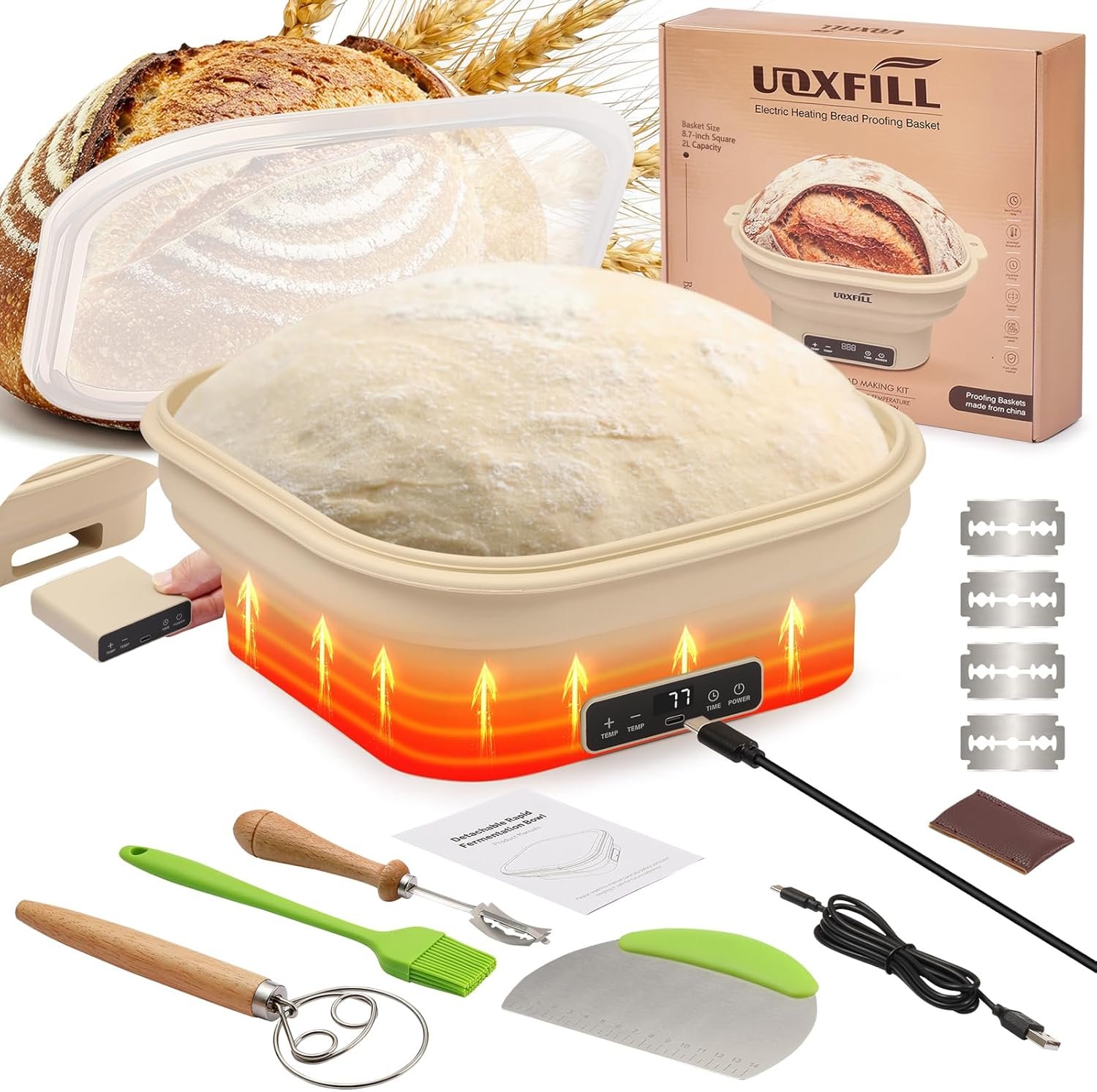 OEM Upgrade Electric Thermostatic Silicone Sourdough Bread Proofing Basket Set 8.7 Inch Square Foldable Banneton Baking Supplies Factory