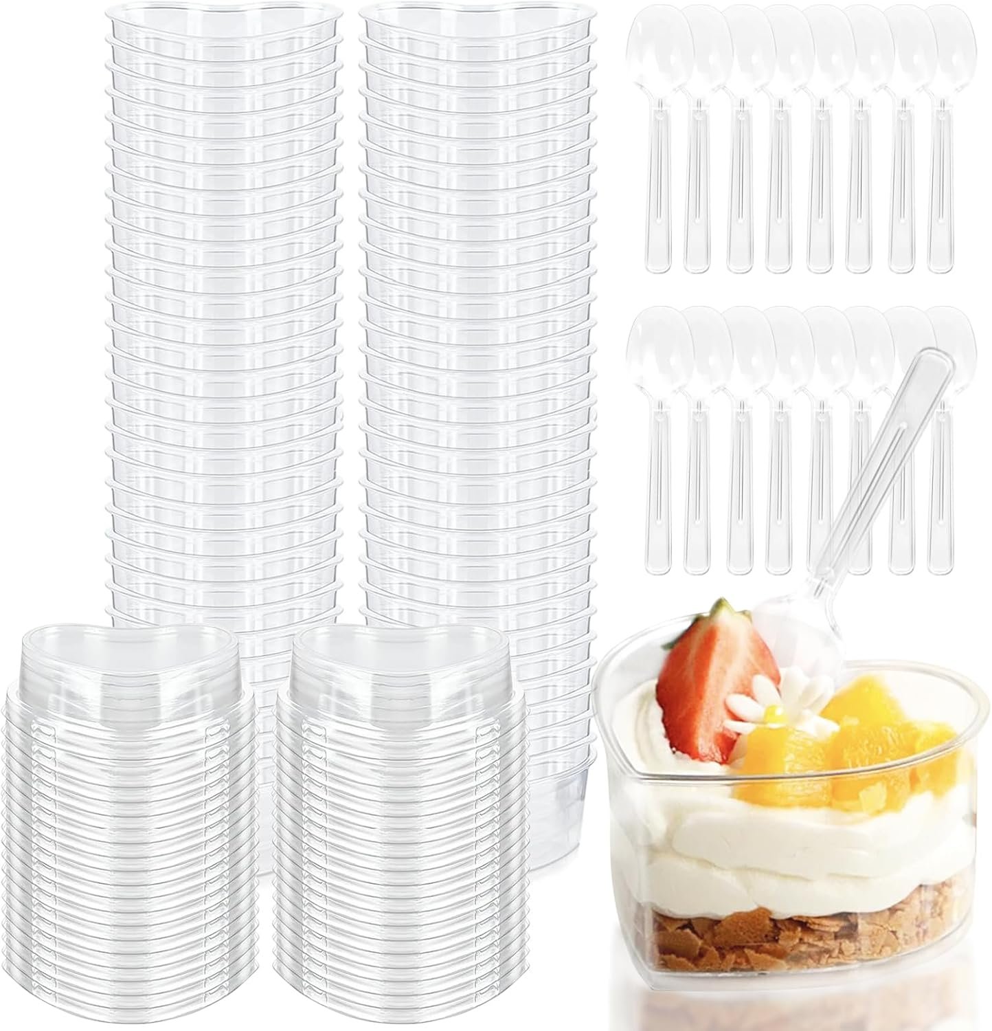 Wholesale 100 Pack 5 oz Disposable Plastic Heart Dessert Cups with Lids Spoons for Parfait Pudding Jello Shooters Parties Yogurt Trifle Mousse Ice Cream Clear supplier