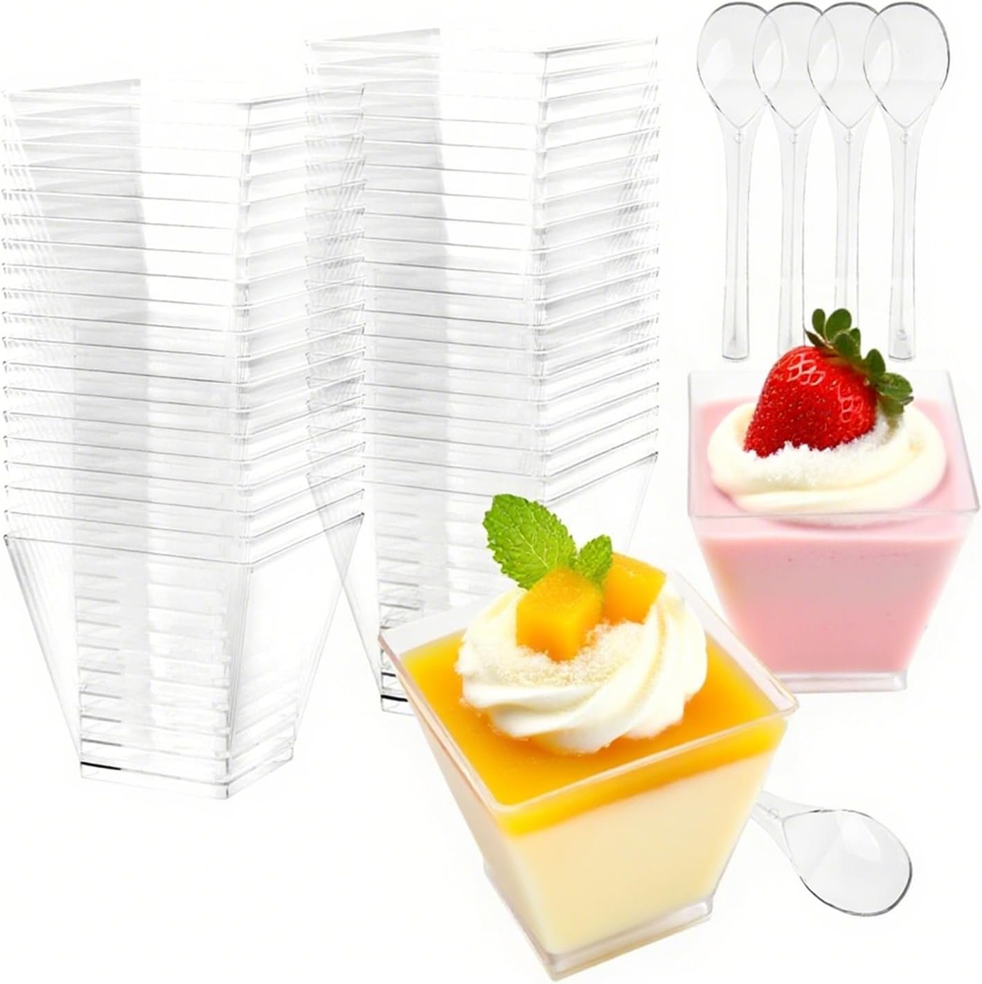 Wholesale 100 Pack 7 oz Clear Plastic Dessert Cups with Spoons for Parfait Pudding Jello Fruit Ice Cream Yogurt Trifle Sundae Tiramisu Appetizer Snacks Factory