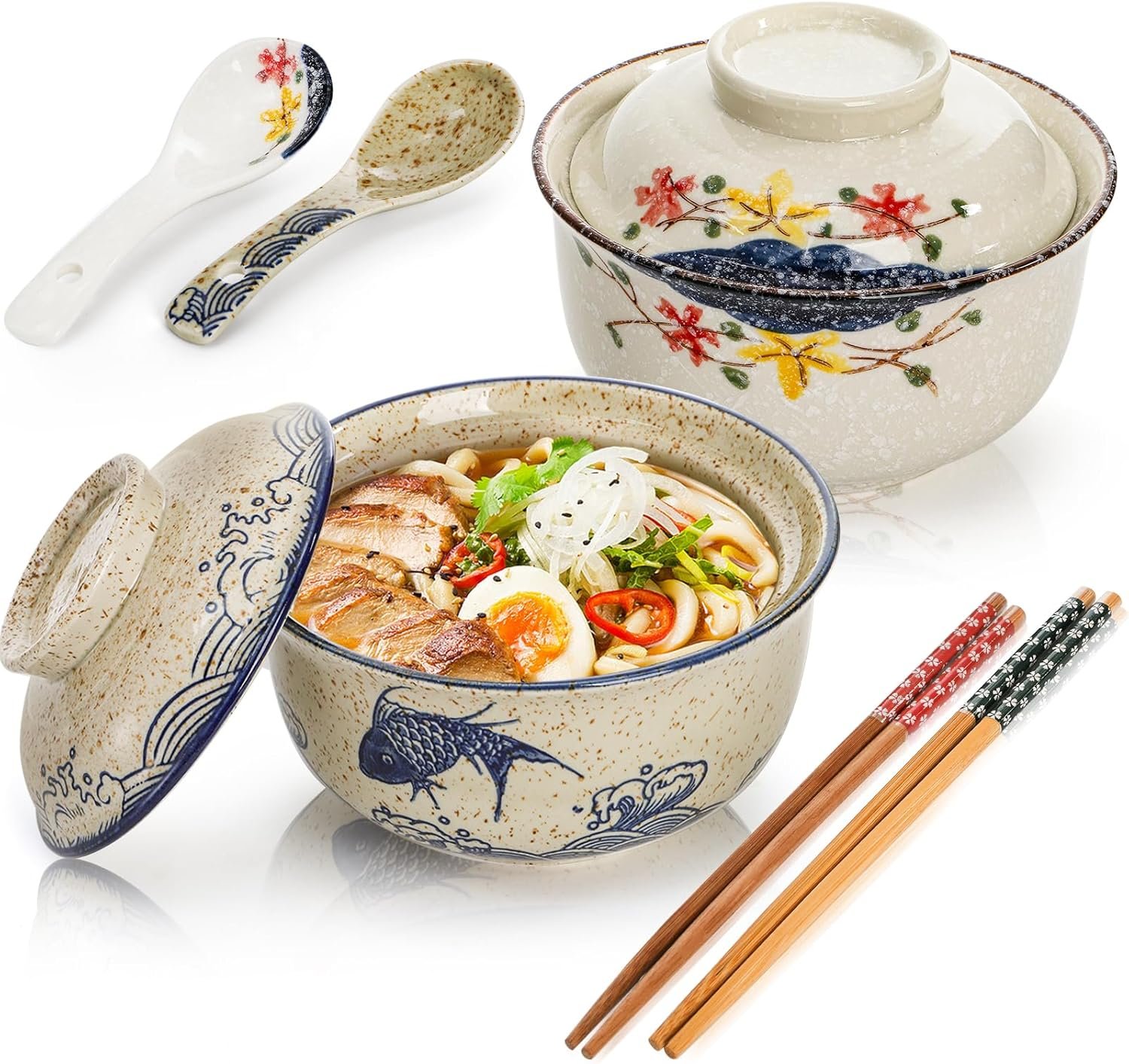 Wholesale 2 Pieces 25 Oz Ceramic Ramen Bowls with Lid Spoon Chopstick Hand-Painted Japanese Tableware for Noodles Salad Rice Microwave Dishwasher Safe Factory