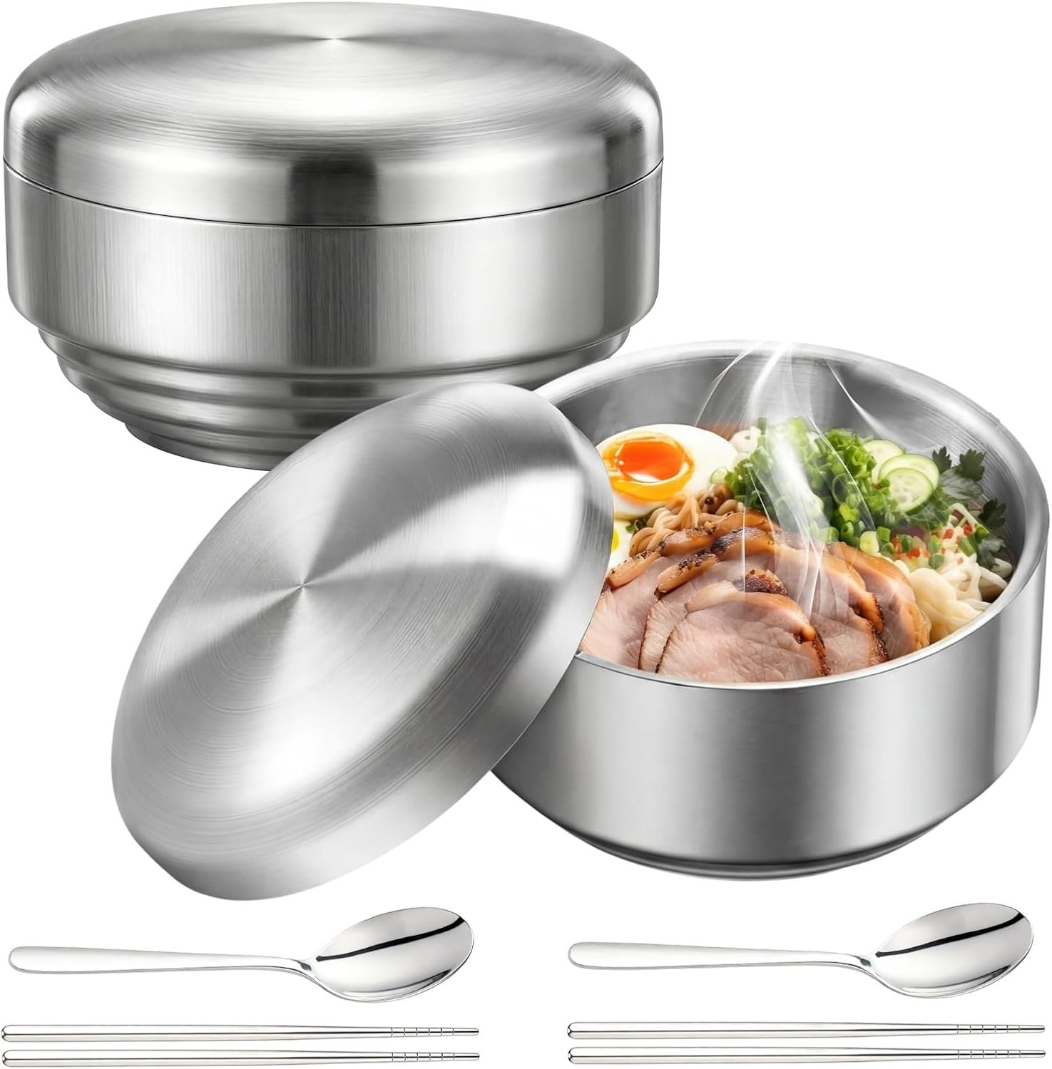Wholesale 2 Sets 14 oz Stainless Steel Rice Bowls with Lids Korean Soup Bowls with Chopsticks and Spoon Reusable Insulated Serving Bowls for Home Kitchen Restaurant Factory Wholesale 2 Sets 14 oz Stainless Steel Rice Bowls with Lids Korean Soup Bowls with Chopsticks and Spoon Reusable Insulated Serving Bowls for Home Kitchen Restaurant Factory