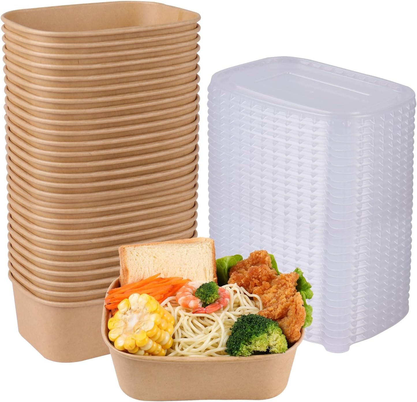 Wholesale 28 oz Rectangle Disposable Kraft Paper Bowls with Lids Food Containers for Soup Party Treats 50 Pack Factory