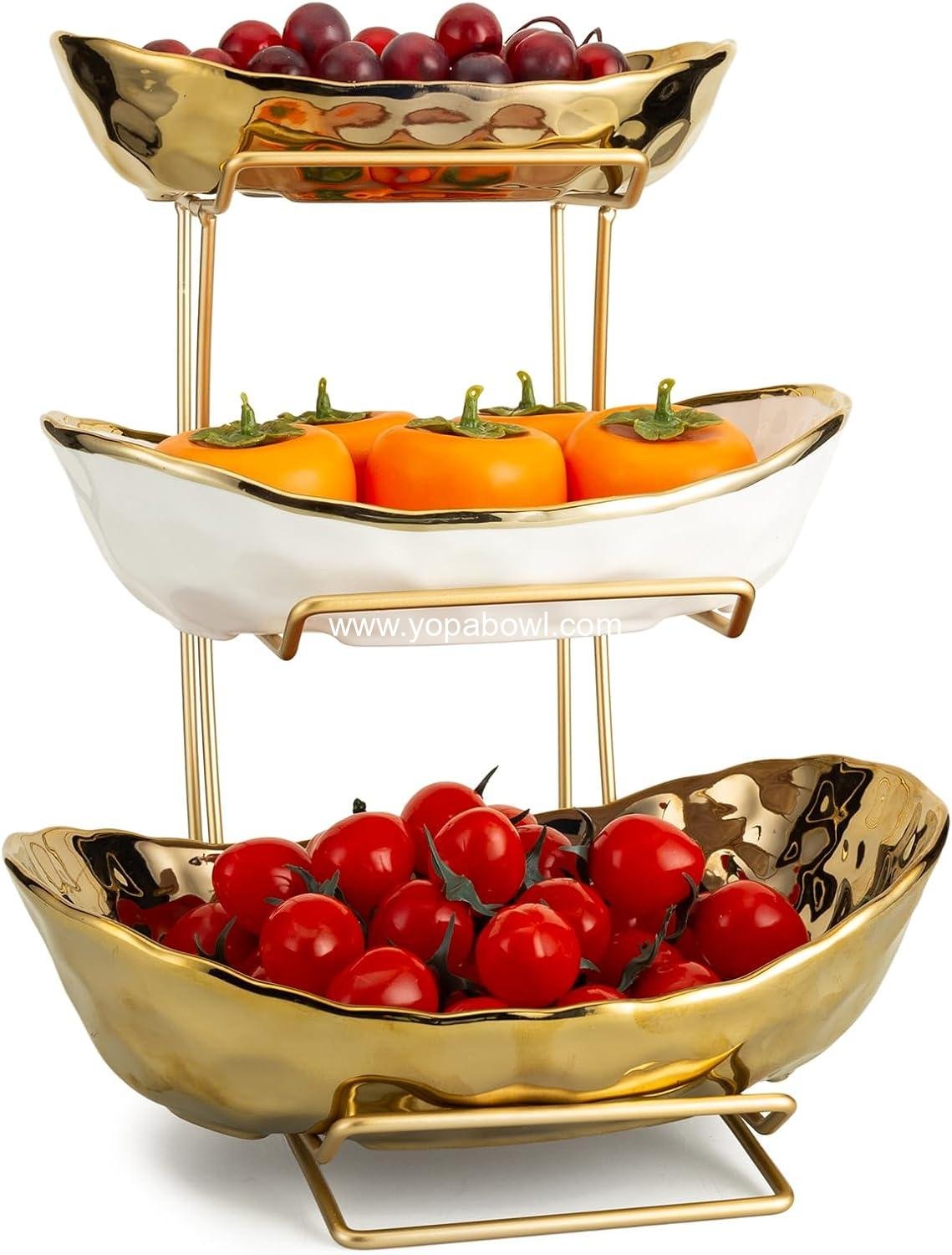 Wholesale 3-Tier Gold Ceramic Fruit Bowl Tray Metal Stand White Triple Layer Snacks Nuts Bread Candy Storage Factory