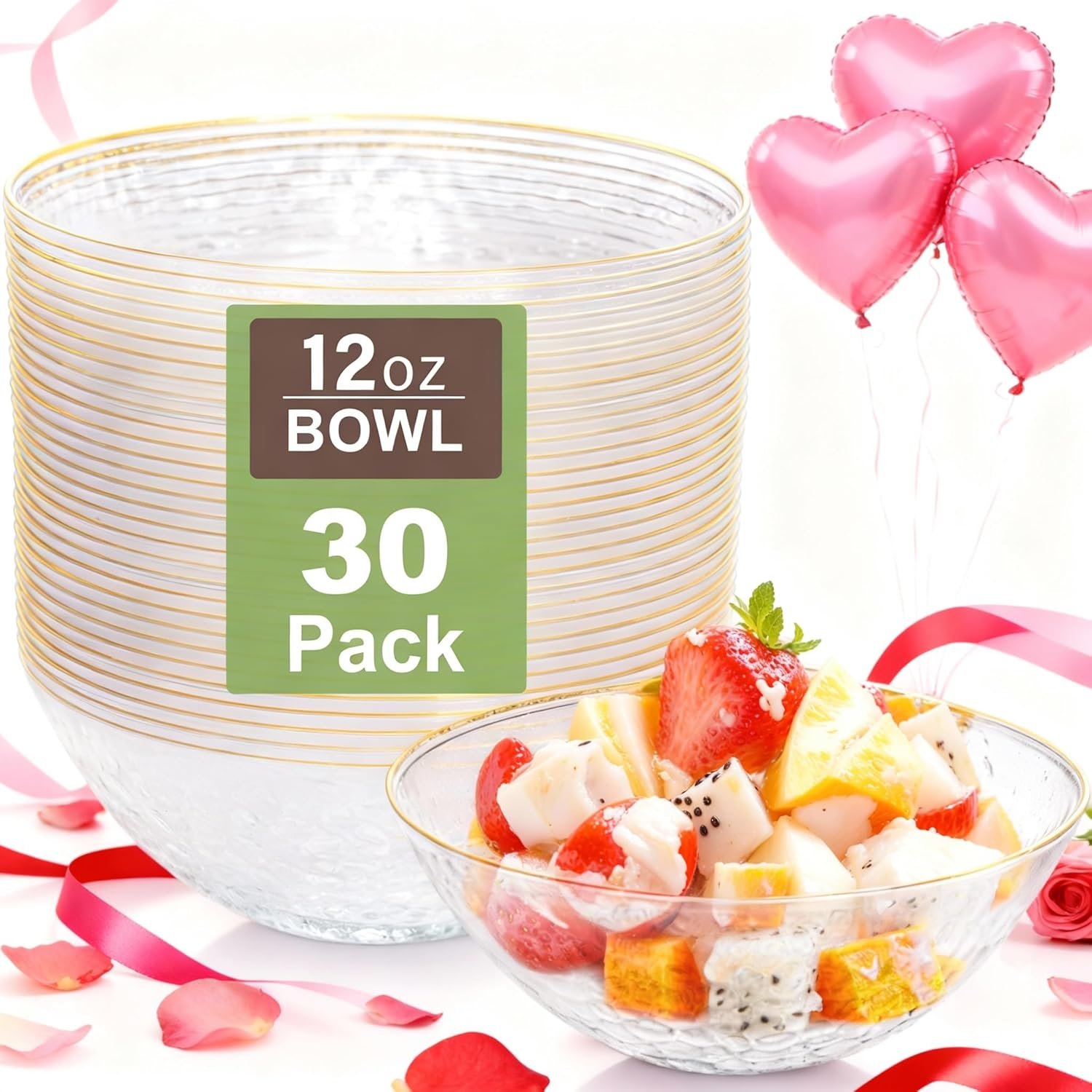 Wholesale 30 Pack 12 Ounce Clear Plastic Hammered Gold Rimmed Heavy Duty Disposable Serving Bowls for Wedding Party Factory