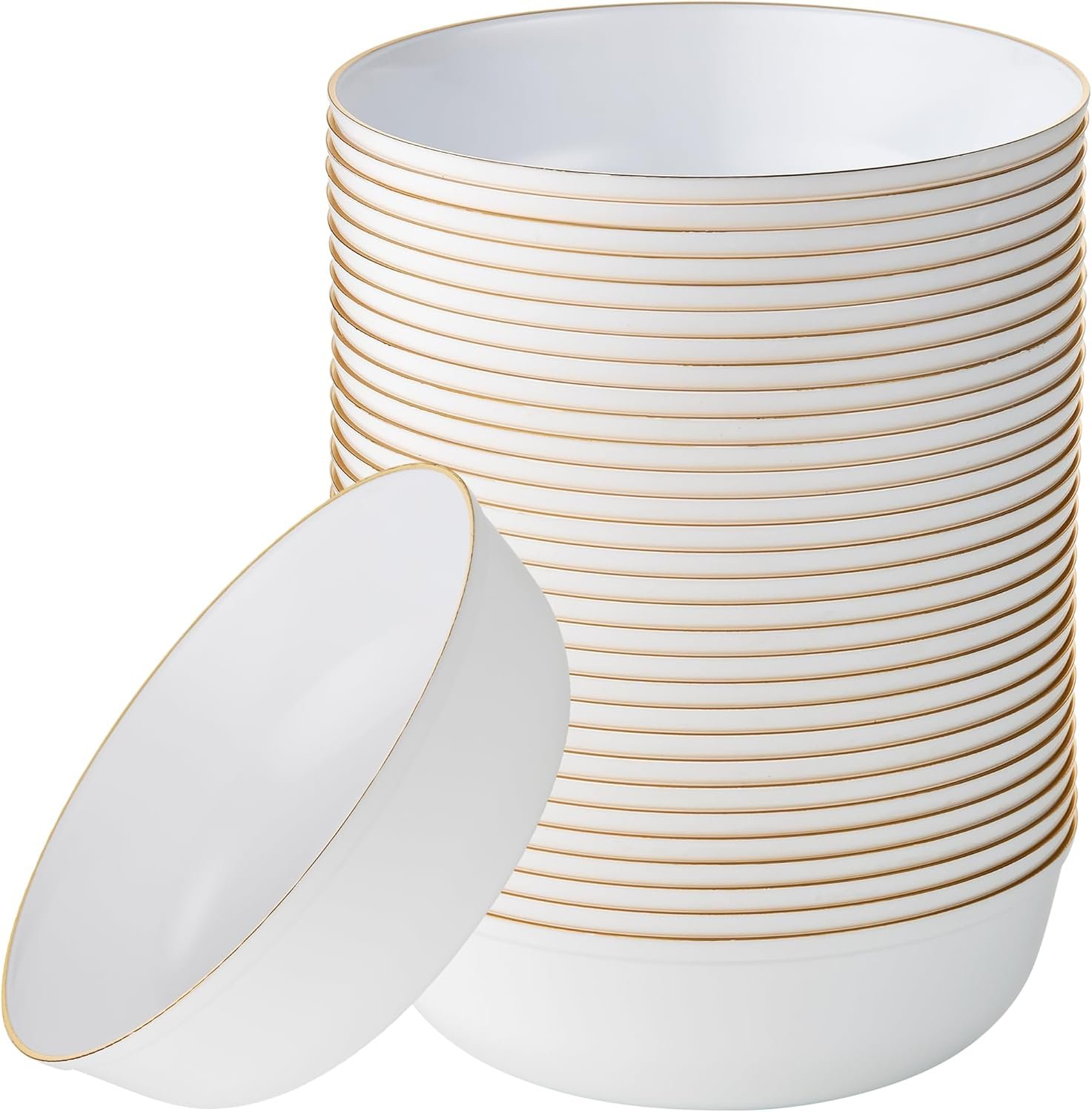 Wholesale 30 Pack 16 OZ White with Gold Rim Plastic Party Soup Bowls Premium Heavyweight Elegant Disposable Tableware Dishes Factory