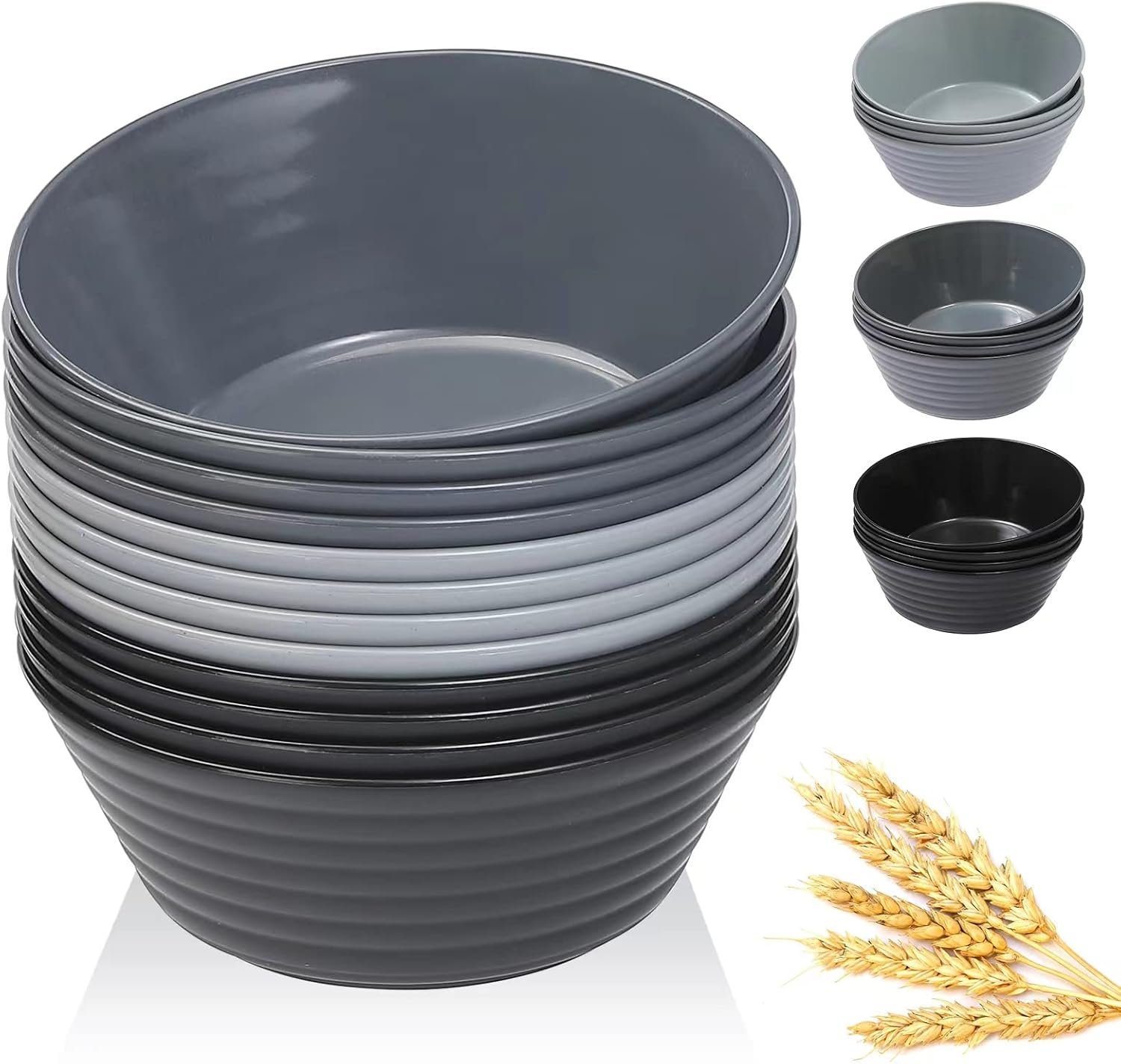 Wholesale 36 OZ Cereal Bowls Set of 12 Unbreakable Wheat Straw Plastic Serving Snack Soup and Dessert Bowls for Kitchen Parties and Camping Dishwasher and Microwave Safe Black and Gray Factory