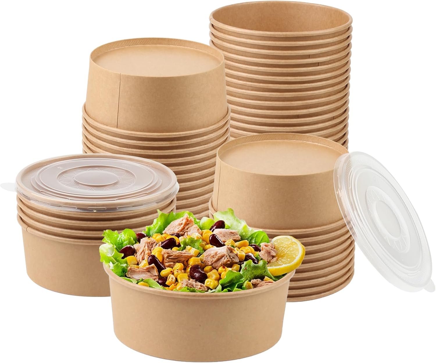 Wholesale 36oz 50 Sets Large Kraft Paper Bowls with Lids Disposable Paper Salad Bowls Food Containers for Hot Cold Food Soup Salad Ice Cream Factory