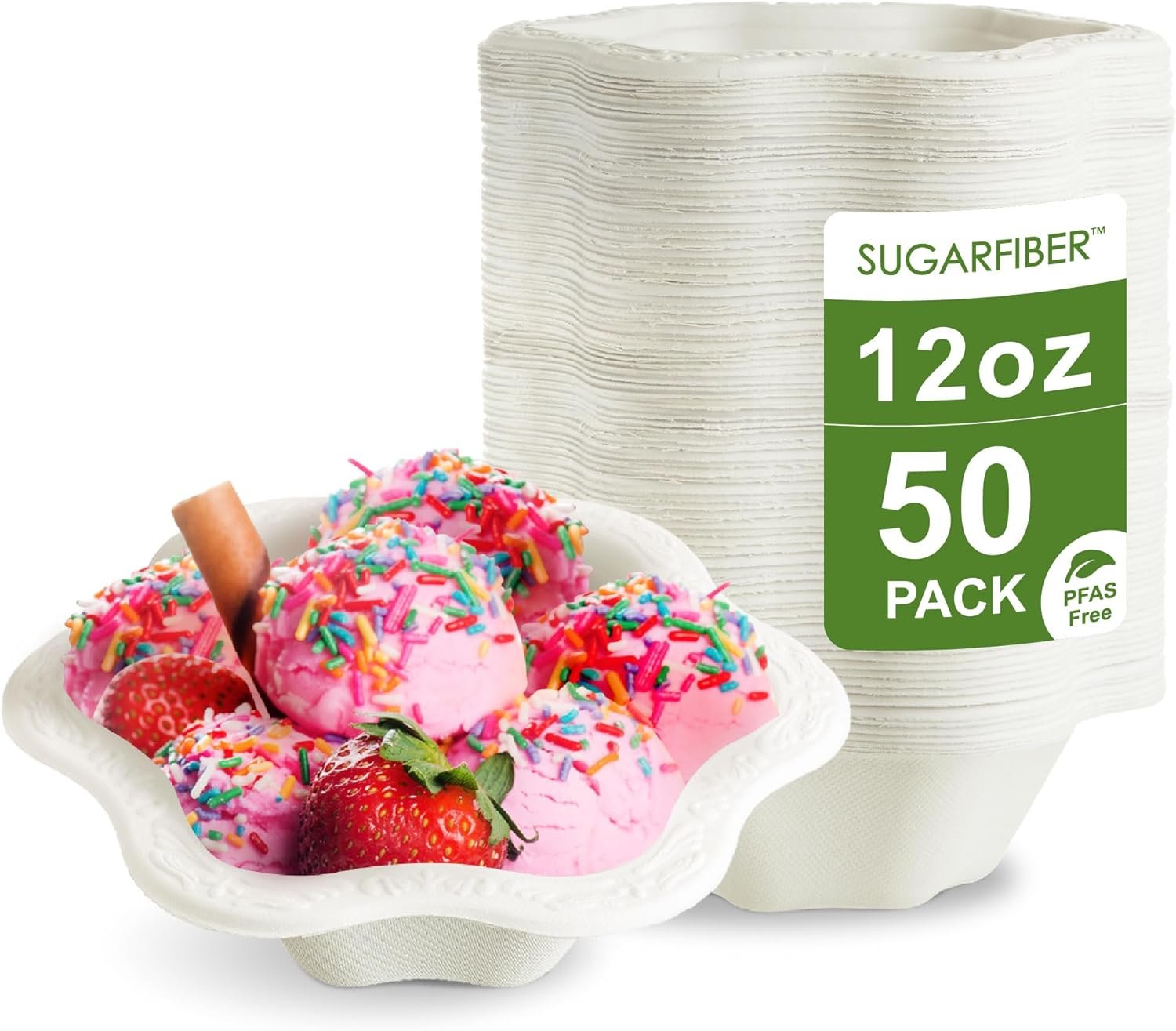 Wholesale 50 Count 12oz Compostable Floral White Paper Bowls Eco-Friendly Plastic-Free Elegant Natural Sugarcane Disposable Bagasse Bowls for Ice Cream Dessert Factory