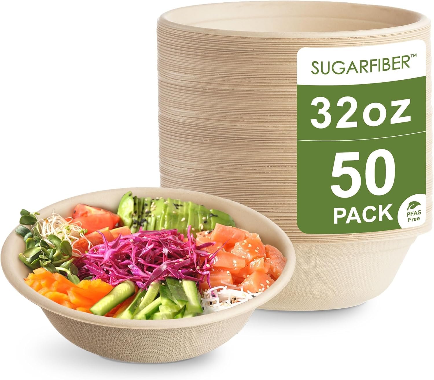 Wholesale 50 Count PFAS-Free 32oz Round Compostable Paper Bowls Heavy-Duty Eco-Friendly Disposable Bagasse Large Soup Bowls Sugarcane Made for Meal Prep Takeout Dinnerware Microwave Safe Factory
