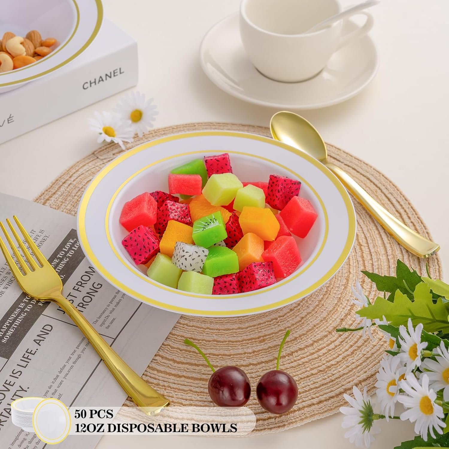 Wholesale 50 Pack 12oz Disposable Gold Rim Soup Dessert Salad Bowls for Wedding Party Catered Events Factory