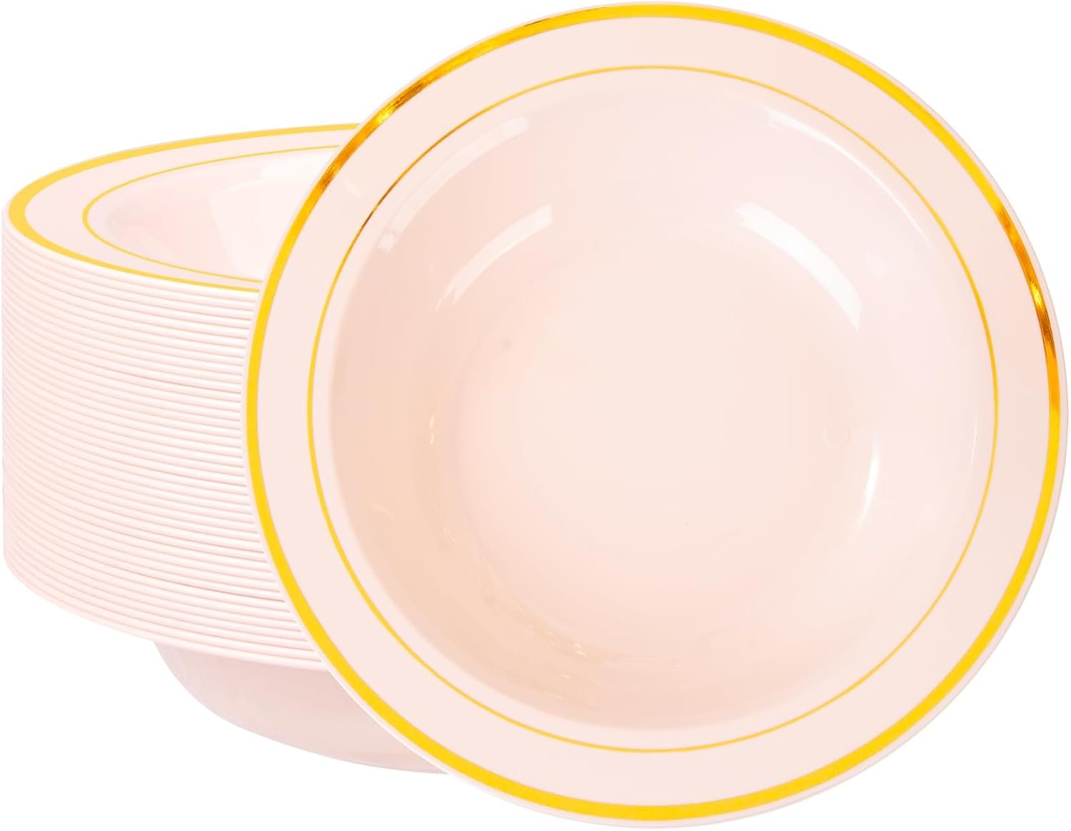 Wholesale 50 Pack 12oz Pink Plastic Bowls with Gold Rim - Disposable Heavy Duty Soup Dessert Salad Ice Cream Bowls for Weddings Parties Catering Everyday Use Factory