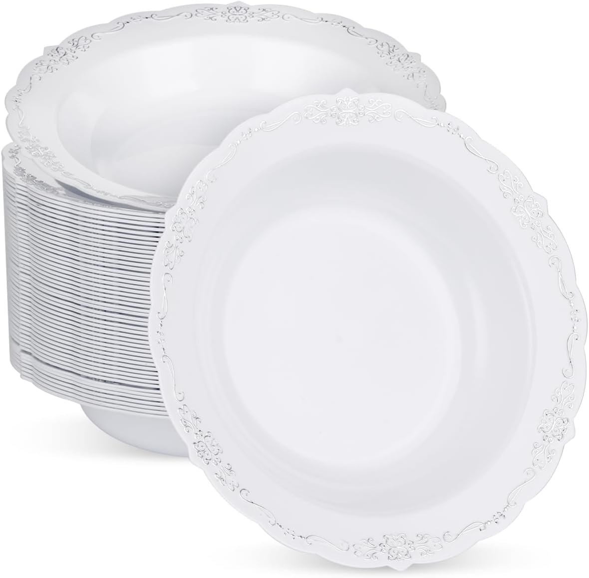 Wholesale 50 Pack 12oz White Plastic Salad Bowls with Silver Rim Disposable for Parties Dinners Weddings Christmas Thanksgiving Factory