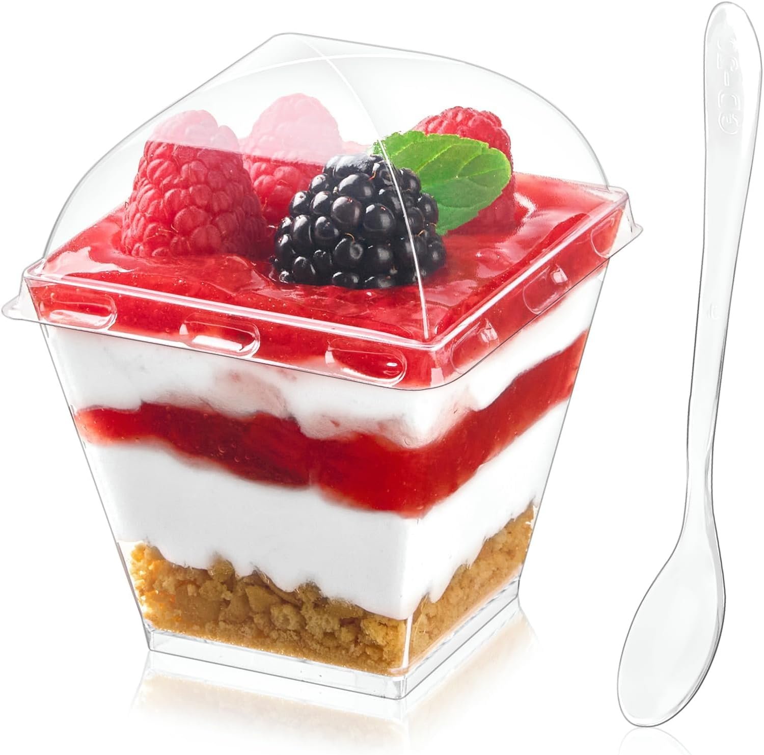 Wholesale 50-Pack 7 oz Square Plastic Dessert Cups with Dome Lids Spoons Mini Parfait Shooters for Party Individual Pudding Jello Yogurt Fruit Trifle Factory