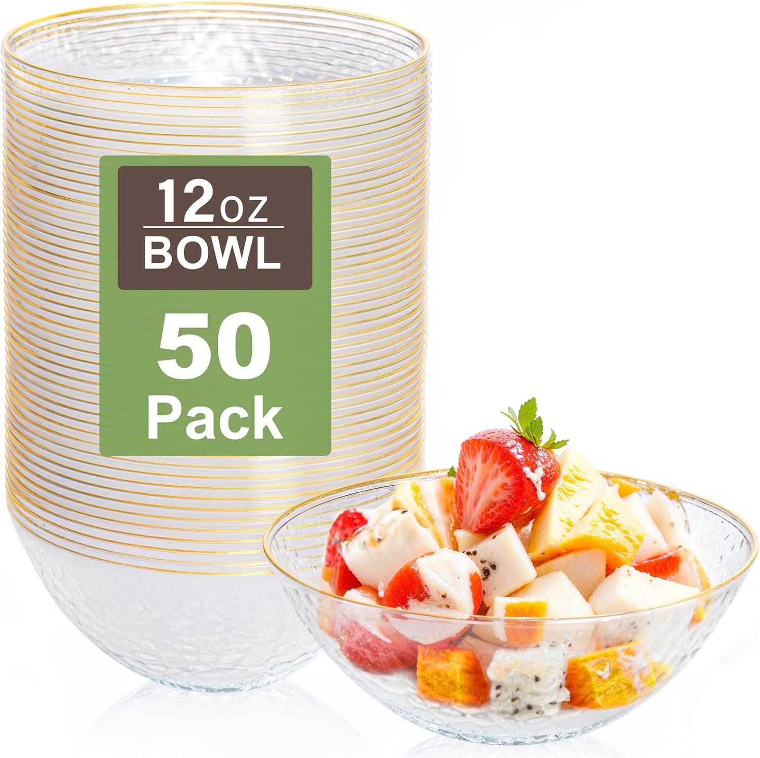 Wholesale 50 Pack Clear Plastic Disposable Bowls with Gold Rim 12-16oz Premium Heavy Duty Hammered Design for Soup Milk Cereals Snacks Salads Factory
