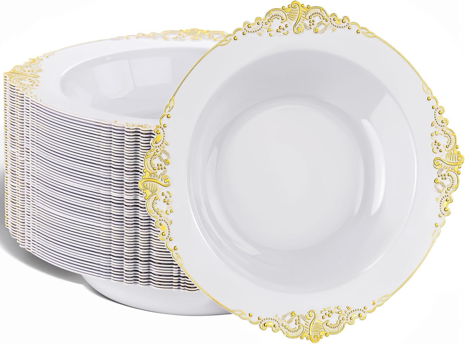 Wholesale 50 Pack White Plastic Bowls with Gold Rim 12oz Disposable Heavy Duty Soup Dessert and Salad Bowls Perfect for Weddings Parties Thanksgiving Everyday Use Factory