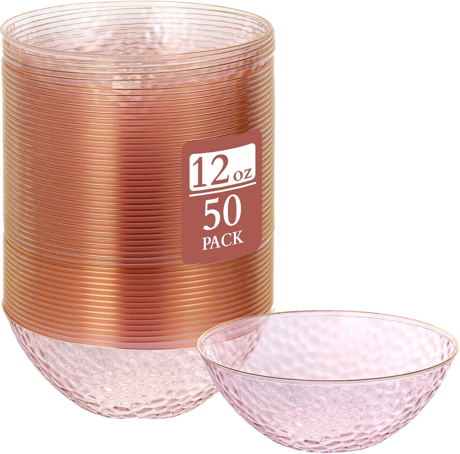 Wholesale 50 Pcs 12 oz Clear Plastic Hammered Gold Rim Bowls Heavyweight Disposable Set for Salad Dinner Parties Weddings Holidays Catering Pink Factory