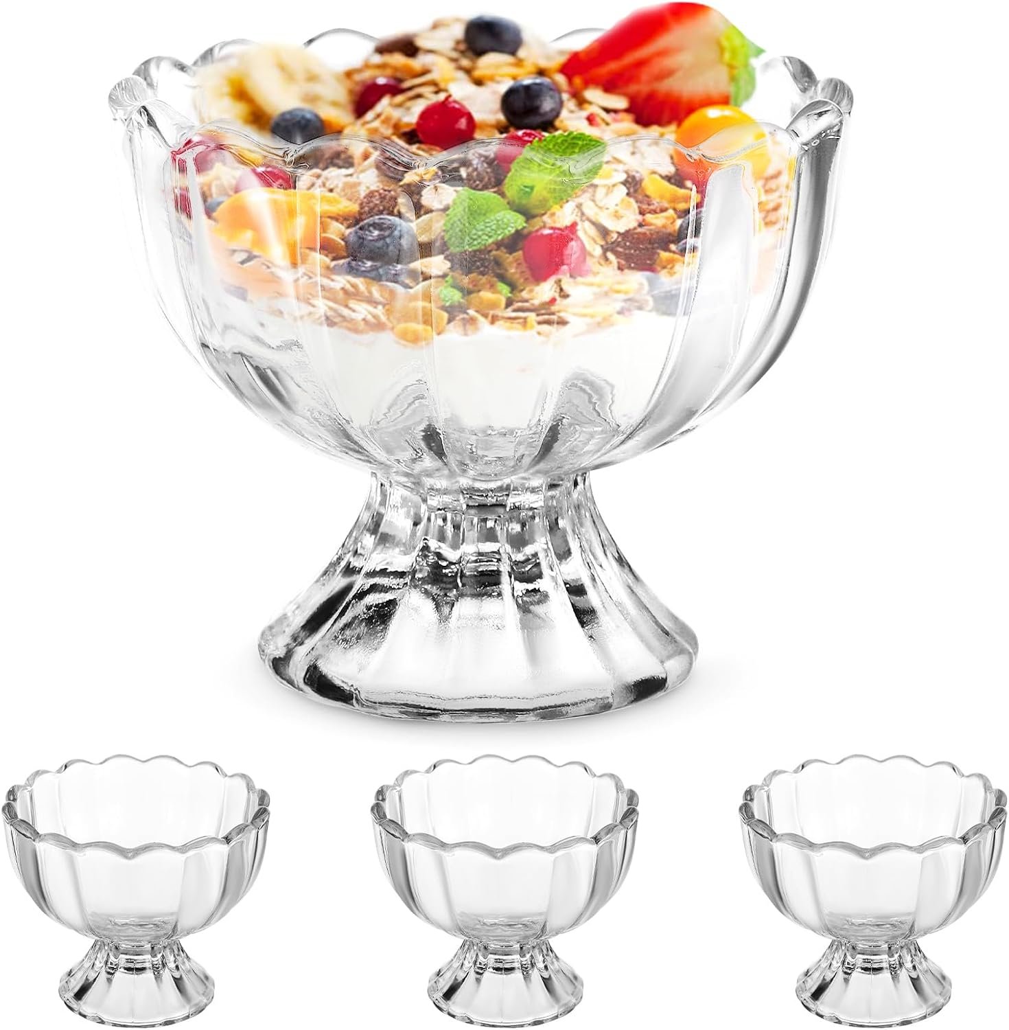 Wholesale 5oz Glass Ice Cream Bowls Set of 4 Footed Dessert Cups for Sundae Fruit Parfait Clear Scalloped Tulip Design Lead-Free Dishwasher Safe Factory