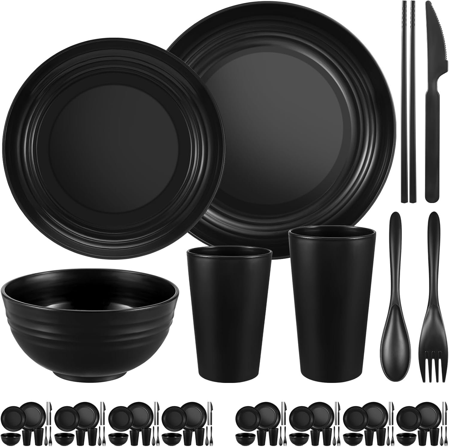 Wholesale 72-Piece Unbreakable Wheat Straw Dinnerware Set for 8 Reusable Plastic Plates Bowls Cups Microwave Dishwasher Safe Black for Kitchen Camping Outdoor Dorm Manufacturer
