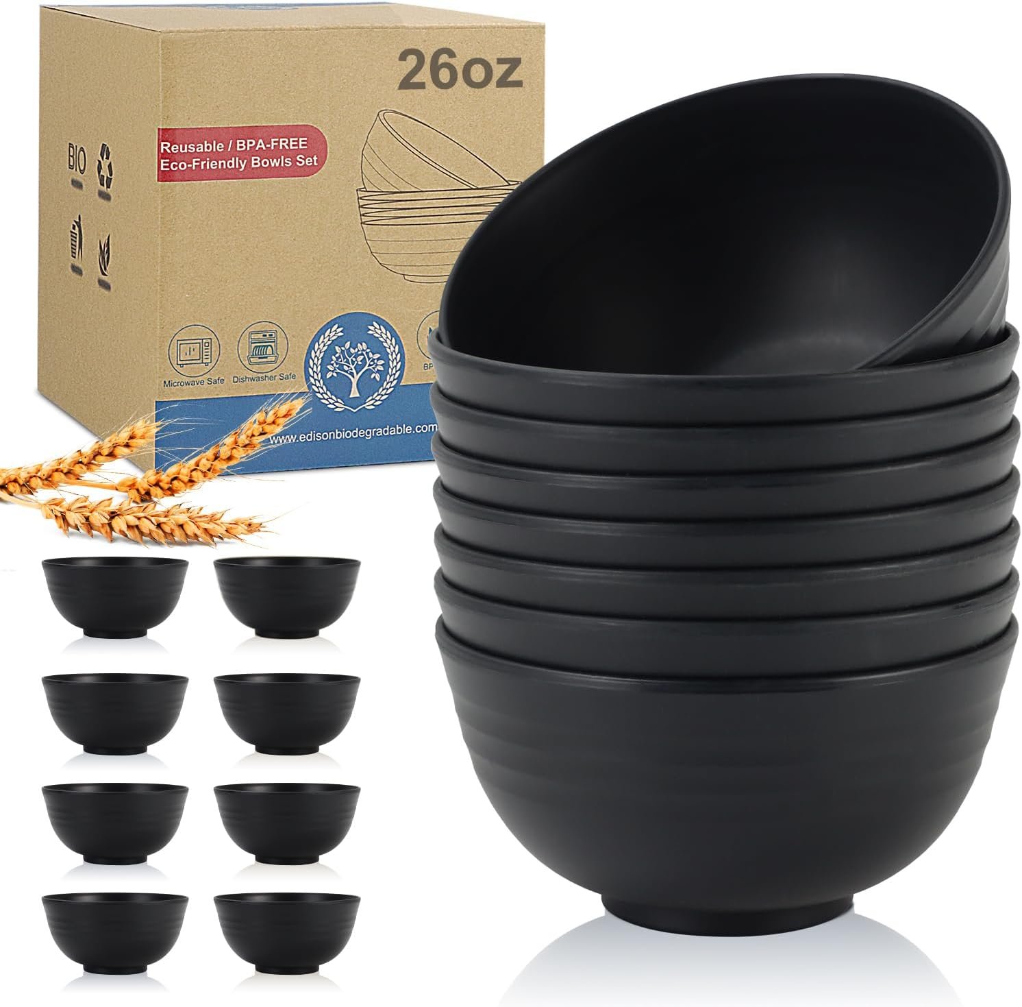 Wholesale 8 PCS Unbreakable Wheat Straw Cereal Bowls 26 OZ Microwave Dishwasher Safe Reusable Plastic Alternative for Cereal Salad Snack Soup Pure Black Factory Wholesale 8 PCS Unbreakable Wheat Straw Cereal Bowls 26 OZ Microwave Dishwasher Safe Reusable Plastic Alternative for Cereal Salad Snack Soup Pure Black Factory