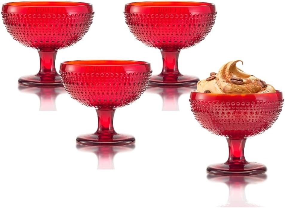 Wholesale Red Dessert Bowls Set of 4 10 oz Capacity Dishwasher Safe Lead-Free Hobnail Glass Pearls Fruit Serving Trifle Pedestal for Parties Table Decor Factory