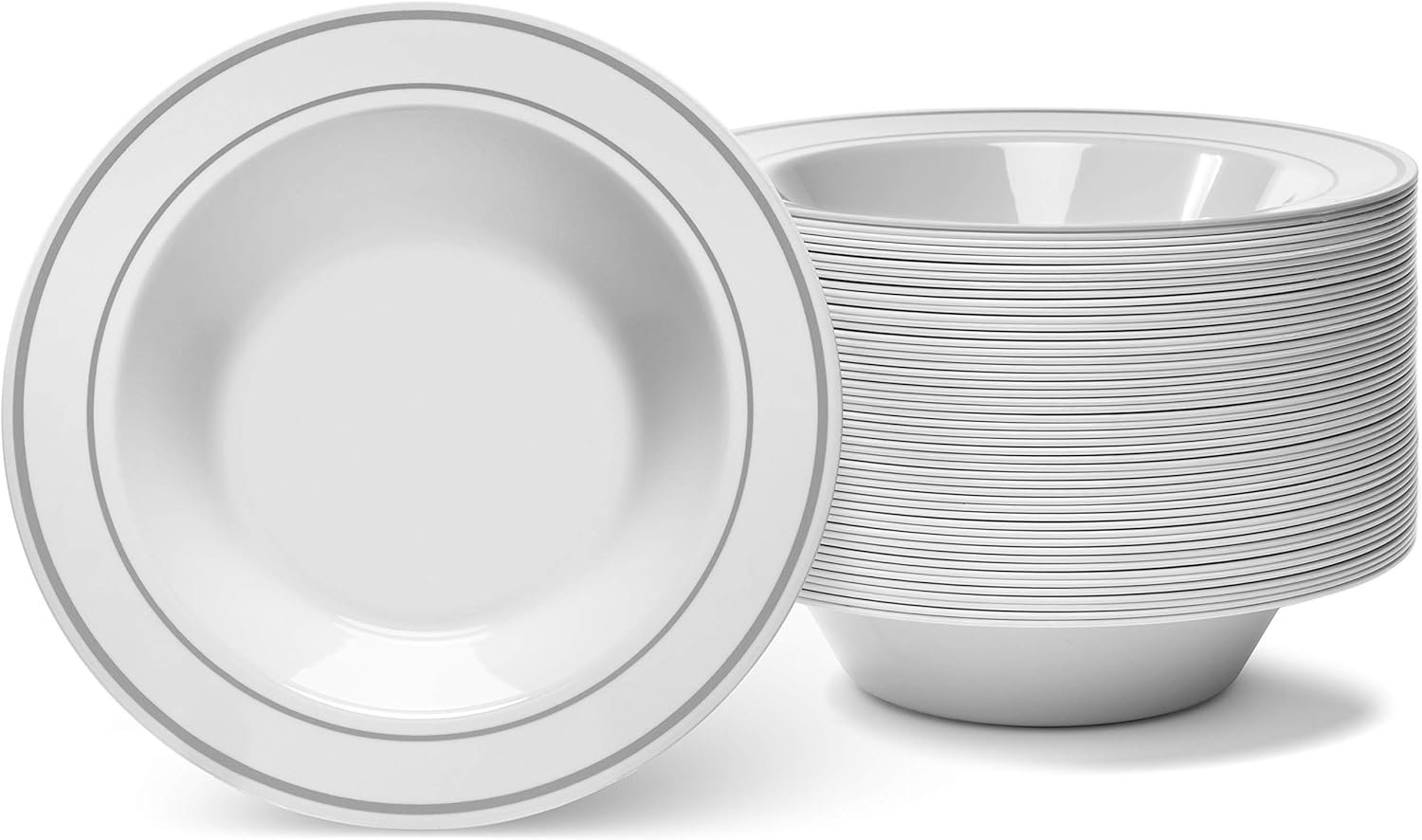 Wholesale Silver Rimmed White Bowls 12 oz 50 Count Hard Plastic Disposable or Reusable for Dessert Salad Cereal Pasta Ideal for Weddings Parties Factory Wholesale Silver Rimmed White Bowls 12 oz 50 Count Hard Plastic Disposable or Reusable for Dessert Salad Cereal Pasta Ideal for Weddings Parties Factory
