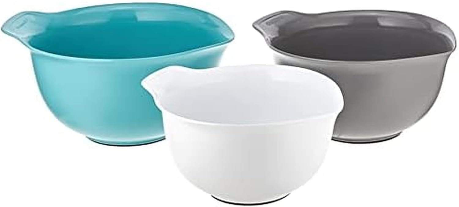Wholesale Universal Nesting Plastic Mixing Bowls Set of 3 - 2.5 Quart 3.5 Quart 4.5 Quart with Non-Slip Base Easy Pour Spout Dishwasher Safe in Aqua Sky White Gray Factory