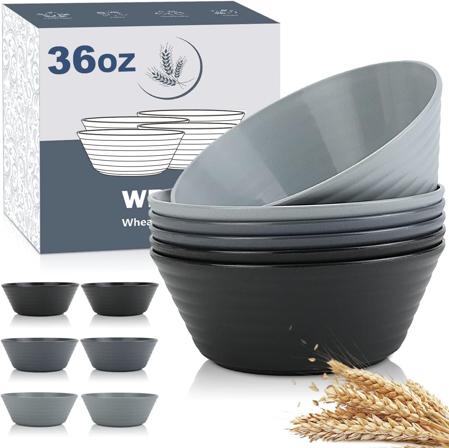 Wholesale Wheat Straw Bowl Sets 6 PCS Unbreakable 36 OZ Cereal and Salad Bowls Microwave Dishwasher Safe for Camping RV Apartment Dorm Party Black Grey Factory